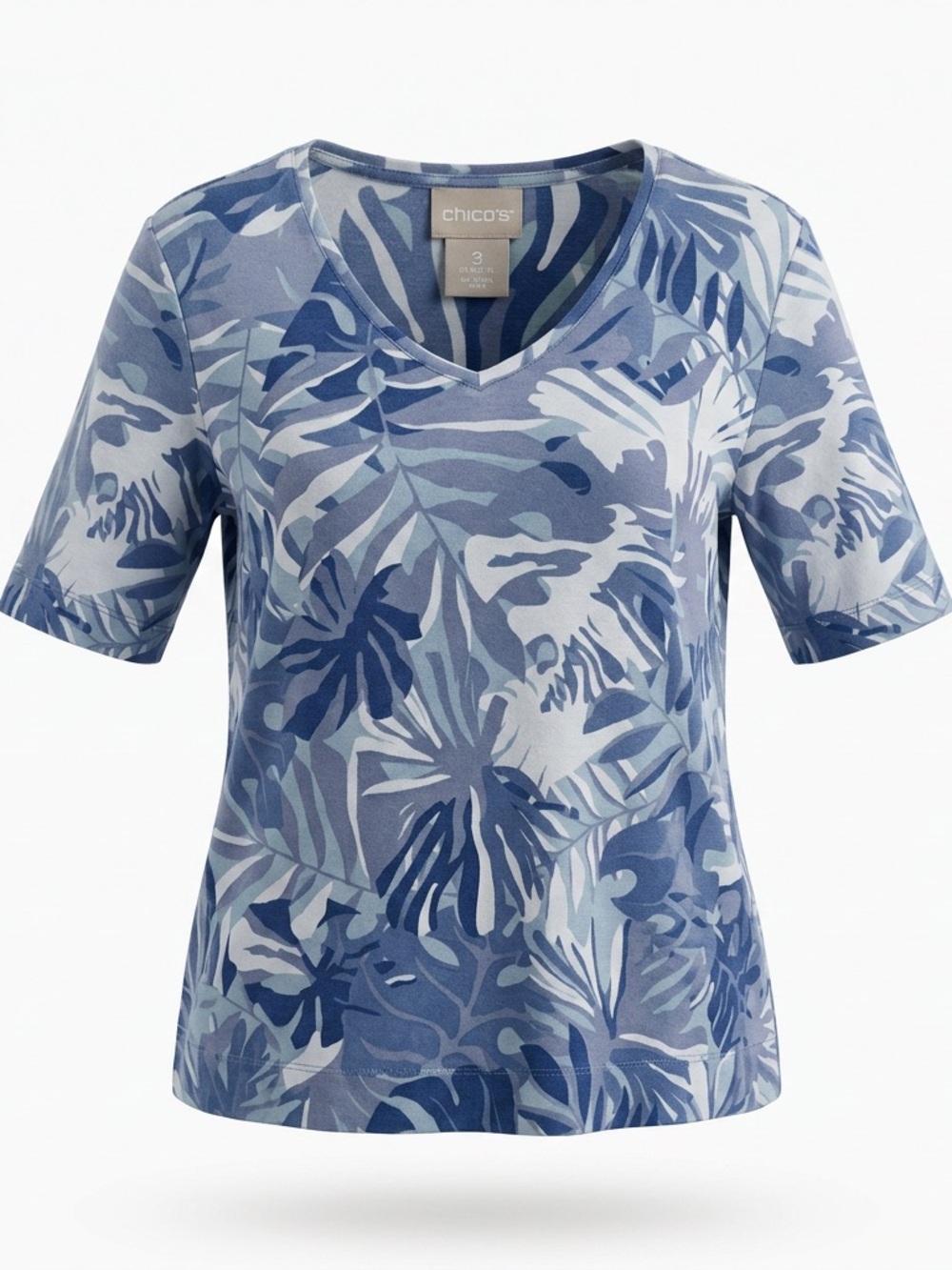 Chico's Blue Tropical Palm Leaf V-Neck Short Sleeve Tee Top Size 3 (XL)